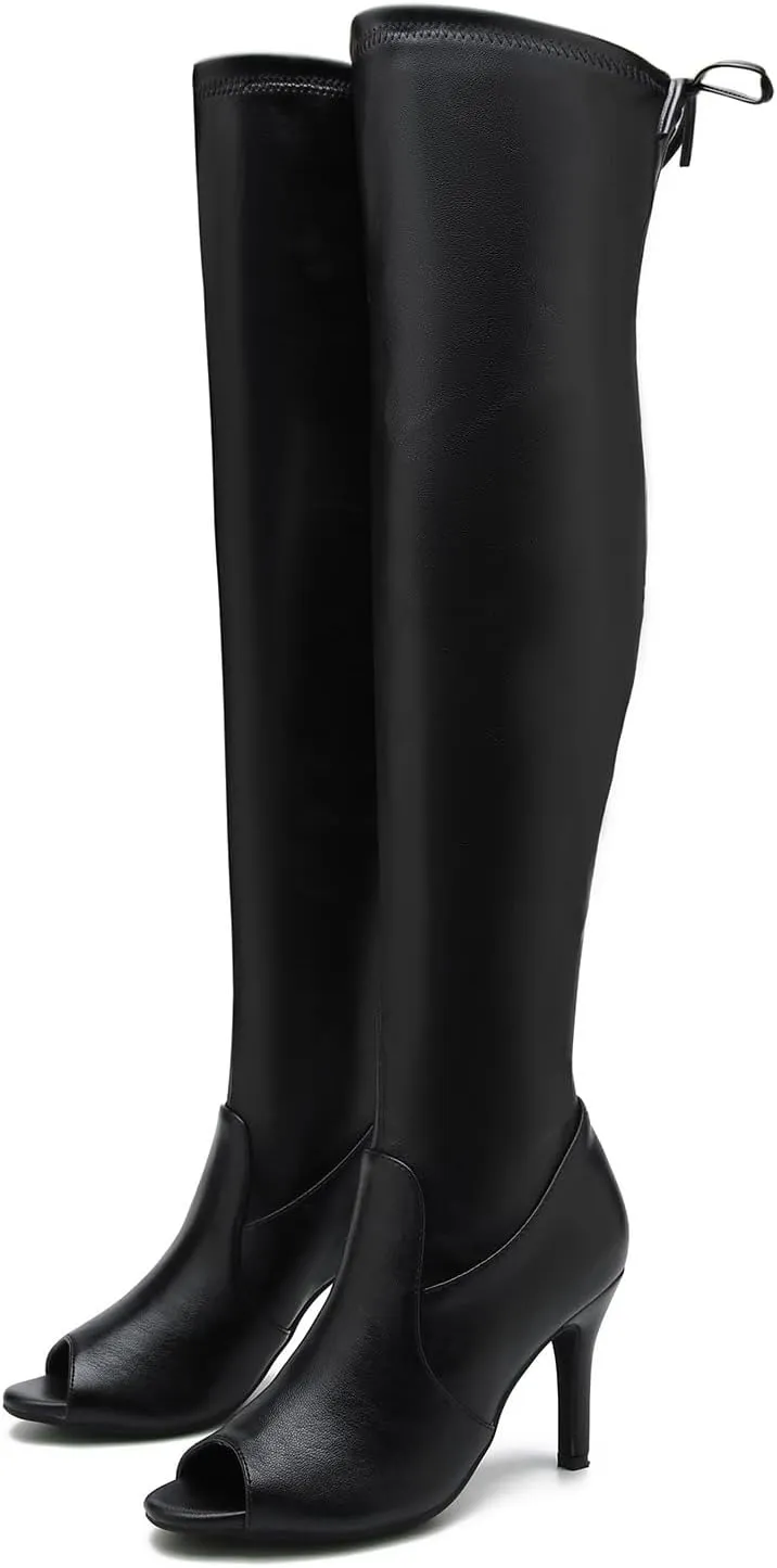 Women's Peep Toe Thigh High Boots Over The Knee Boot Sexy Stiletto Heel Lace Up Open Toe Pull on Long Boots