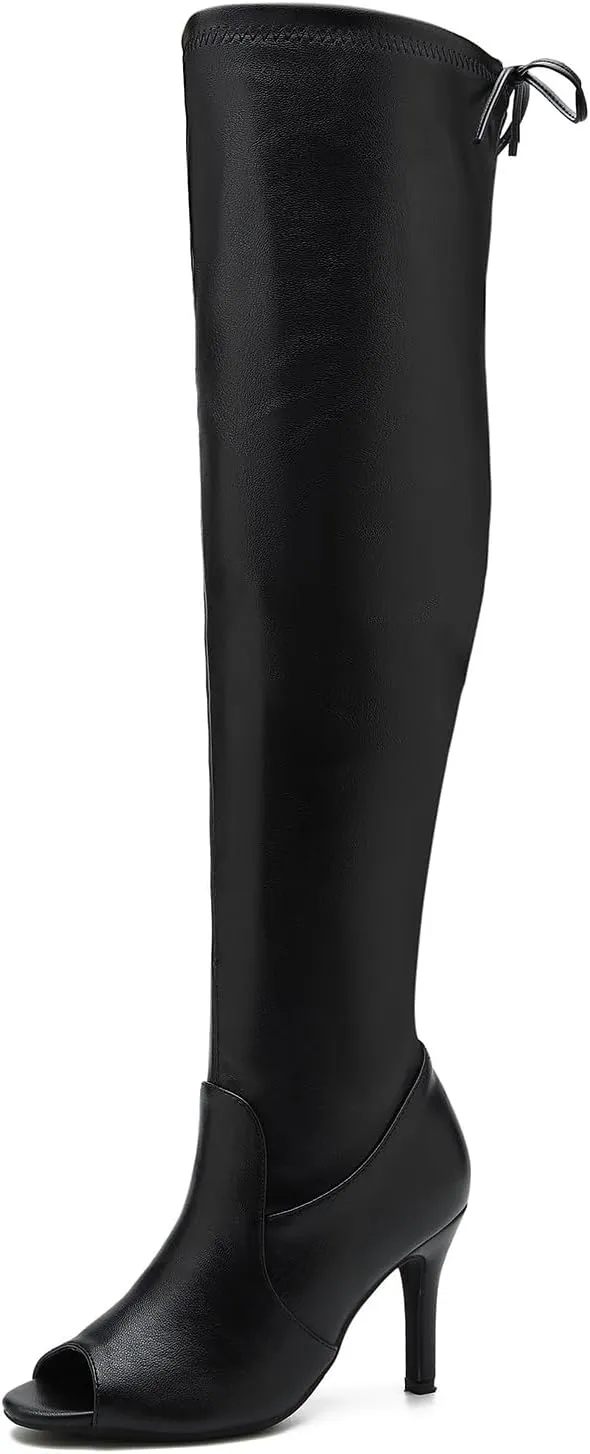 Women's Peep Toe Thigh High Boots Over The Knee Boot Sexy Stiletto Heel Lace Up Open Toe Pull on Long Boots