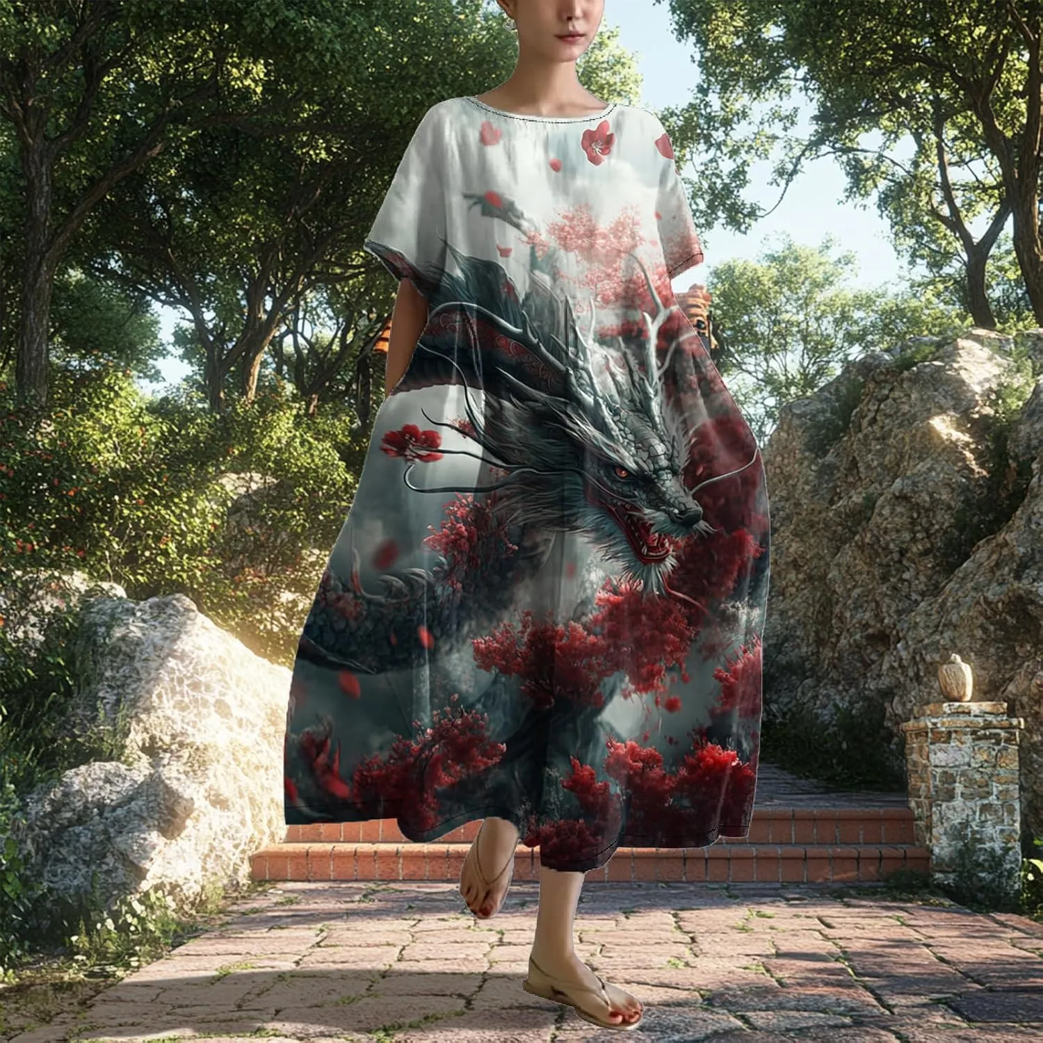 Women's Plus Size Boho Dress Japanese Art Summer Linen Maxi Dresses Dragon Casual Loose Flowy High Waist Midi Dress