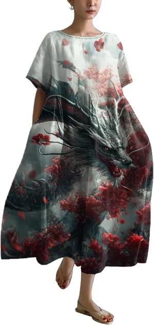 Women's Plus Size Boho Dress Japanese Art Summer Linen Maxi Dresses Dragon Casual Loose Flowy High Waist Midi Dress