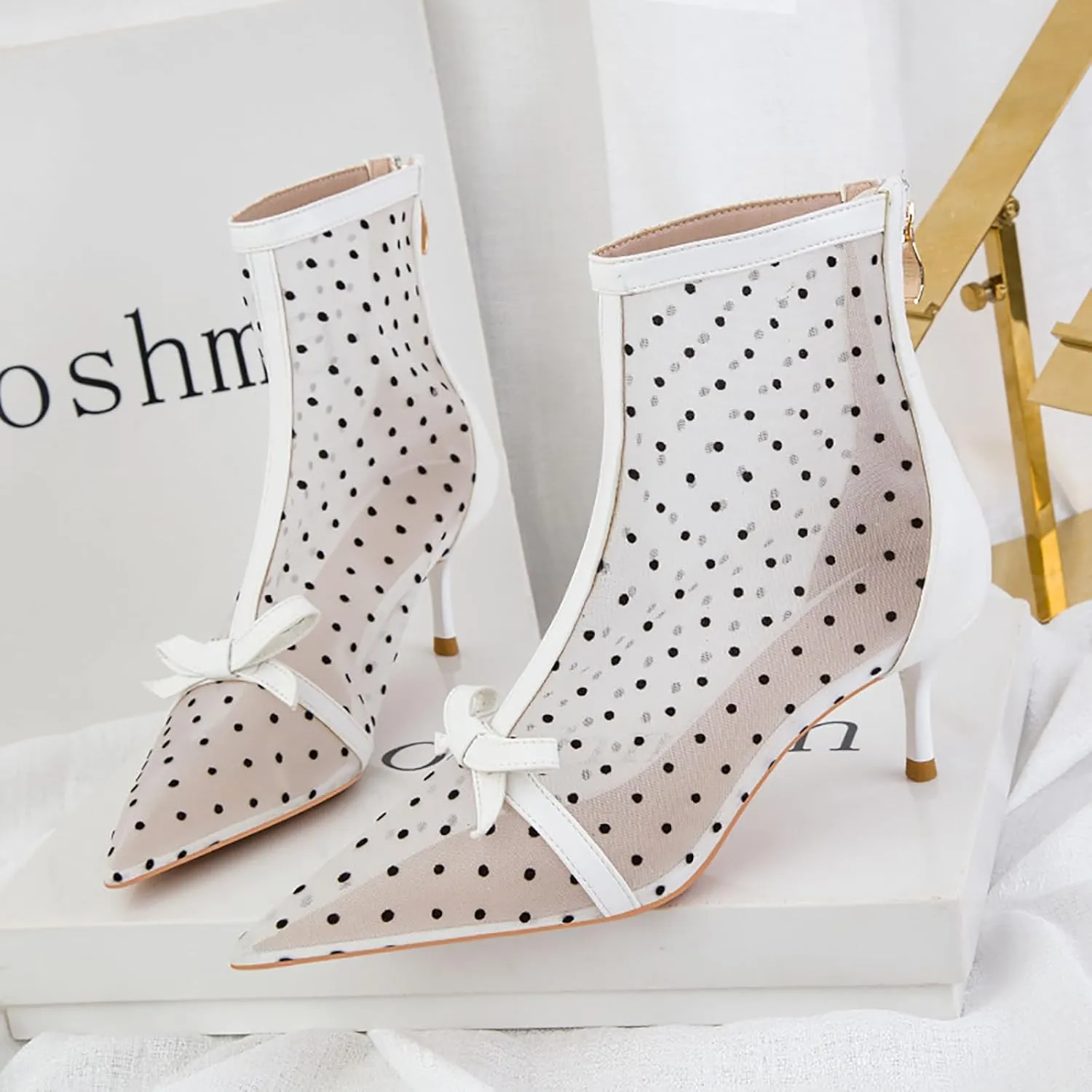 Women's Polka Dot Mesh Stiletto Ankle Boots With Back Zipper Sexy Breathable Pointed Toe High Heel Summer Booties for Party Evening Dress Boots