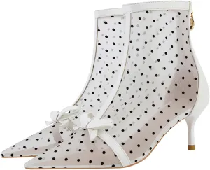 Women's Polka Dot Mesh Stiletto Ankle Boots With Back Zipper Sexy Breathable Pointed Toe High Heel Summer Booties for Party Evening Dress Boots