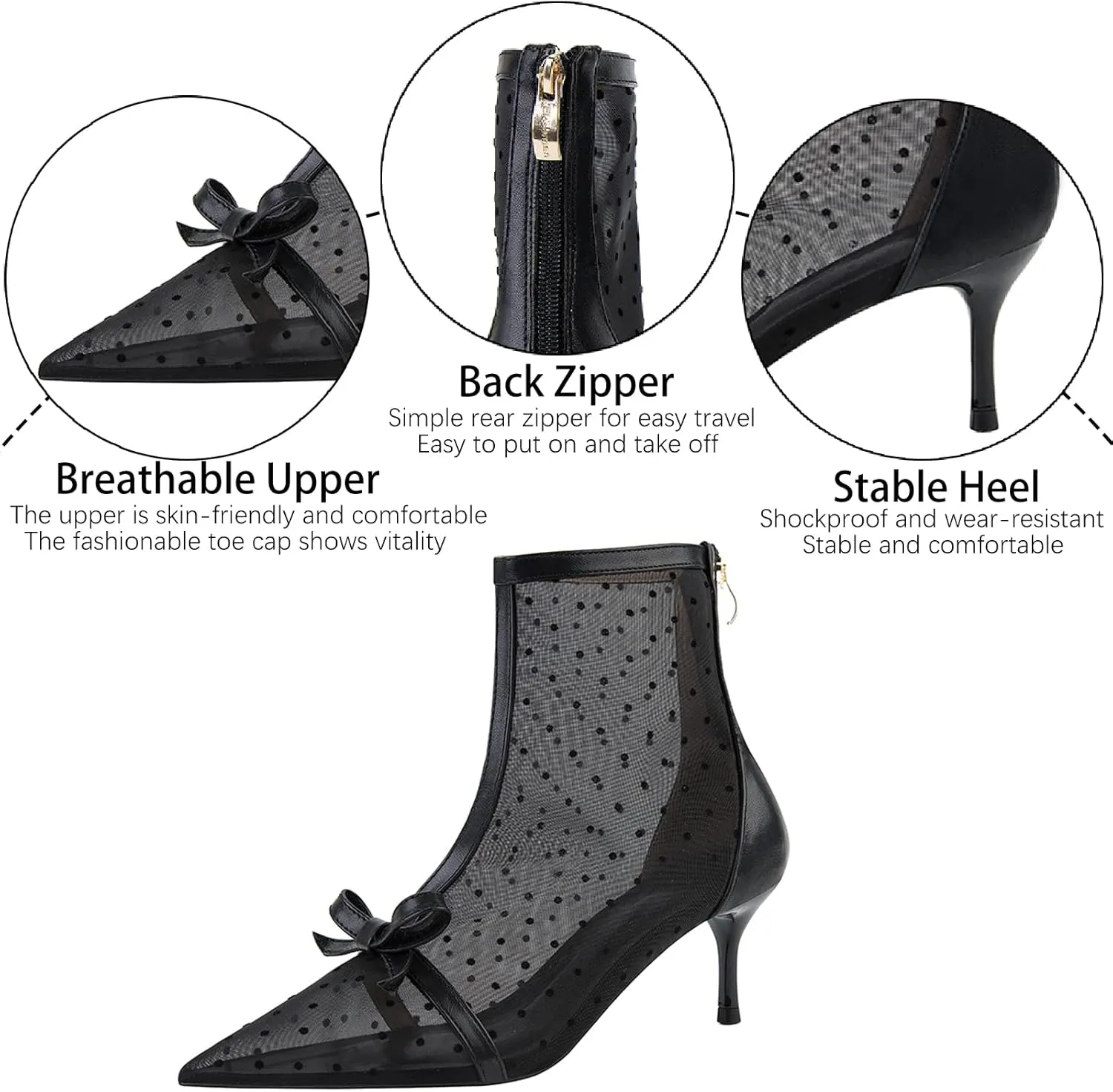 Women's Polka Dot Mesh Stiletto Ankle Boots With Back Zipper Sexy Breathable Pointed Toe High Heel Summer Booties for Party Evening Dress Boots