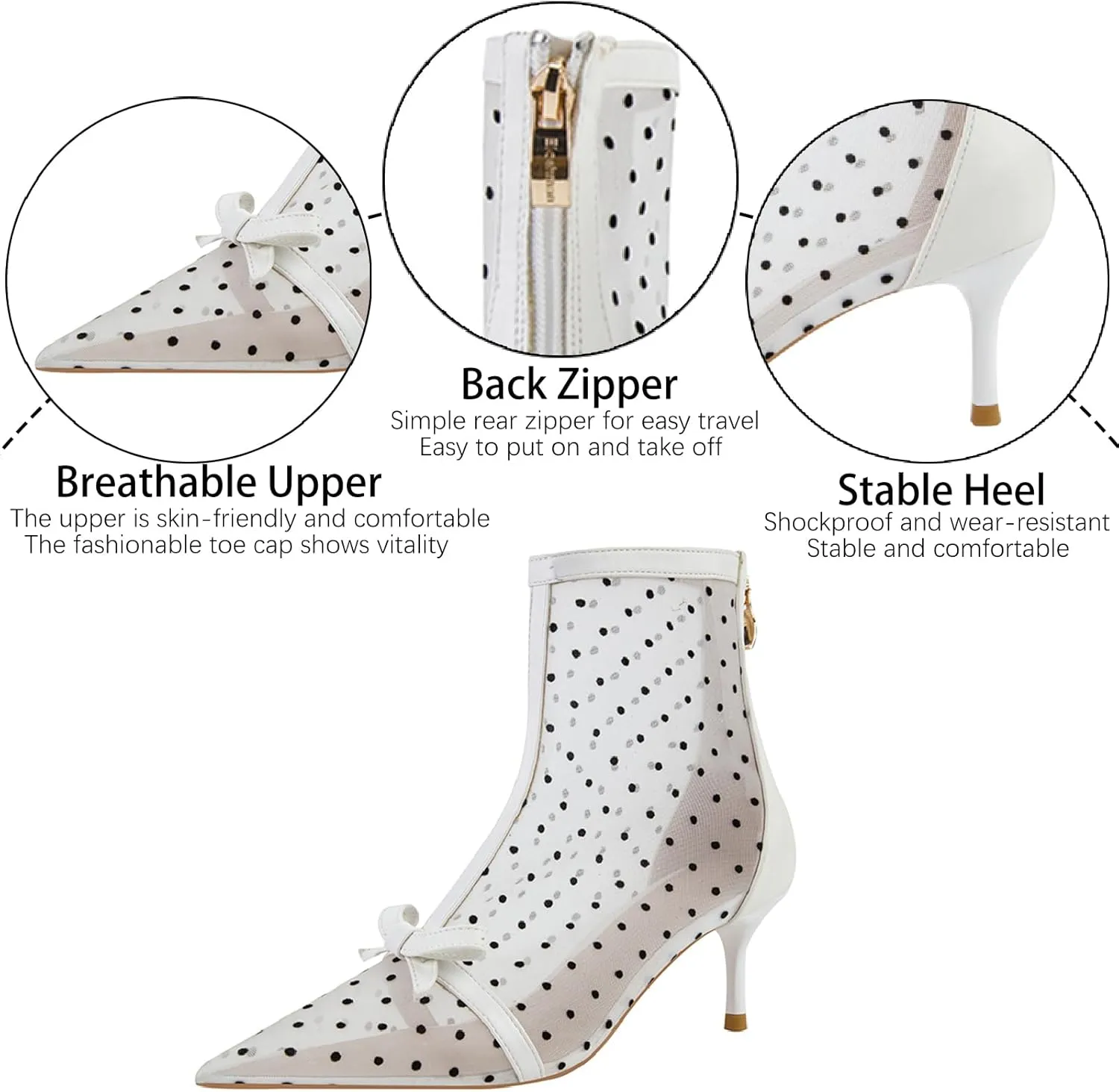Women's Polka Dot Mesh Stiletto Ankle Boots With Back Zipper Sexy Breathable Pointed Toe High Heel Summer Booties for Party Evening Dress Boots