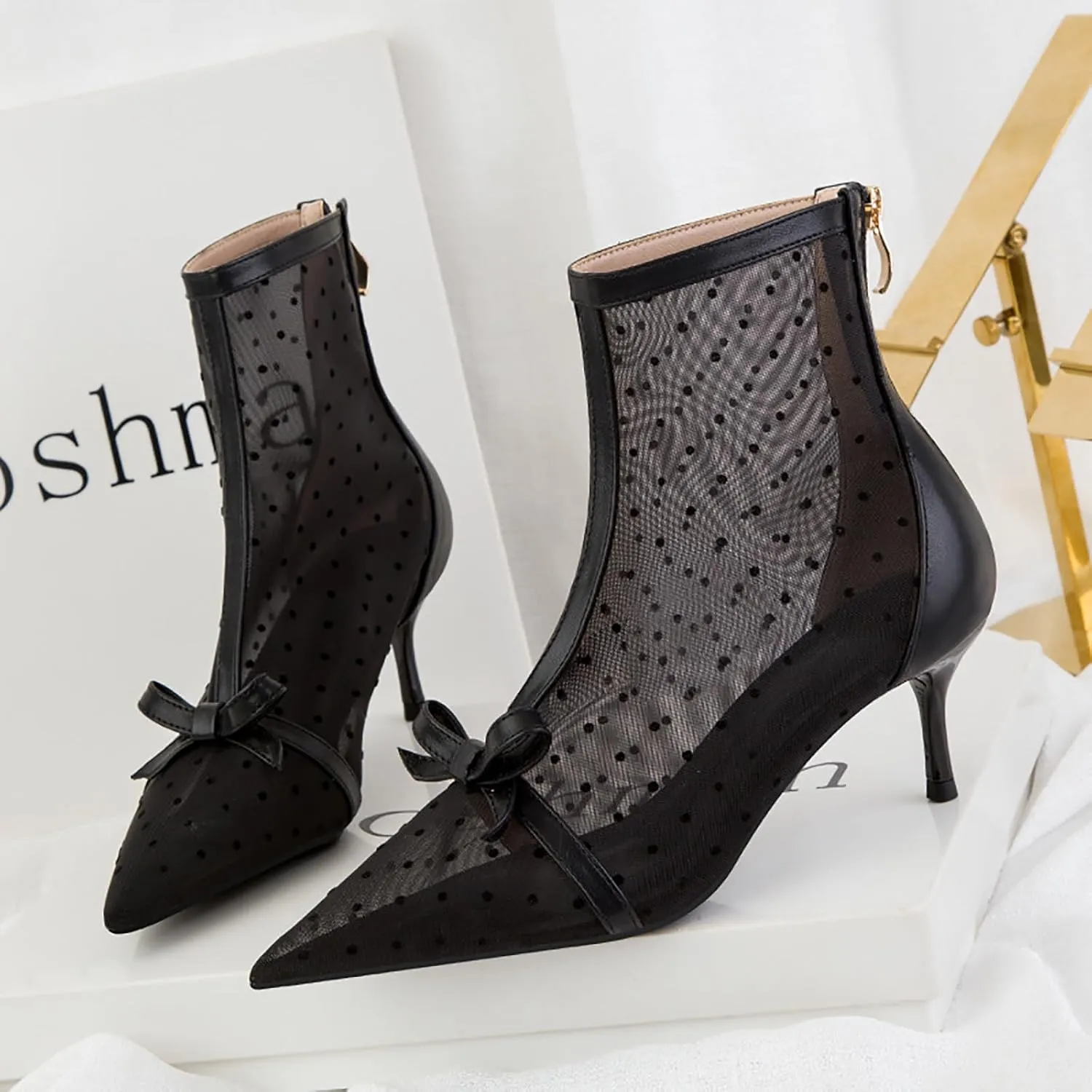 Women's Polka Dot Mesh Stiletto Ankle Boots With Back Zipper Sexy Breathable Pointed Toe High Heel Summer Booties for Party Evening Dress Boots