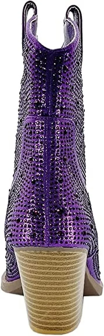 Women's Rhinestone Block Heel Mid Calf Short Ankle Booties Knee High Boots