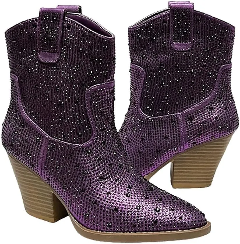 Women's Rhinestone Block Heel Mid Calf Short Ankle Booties Knee High Boots