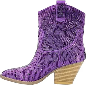 Women's Rhinestone Block Heel Mid Calf Short Ankle Booties Knee High Boots