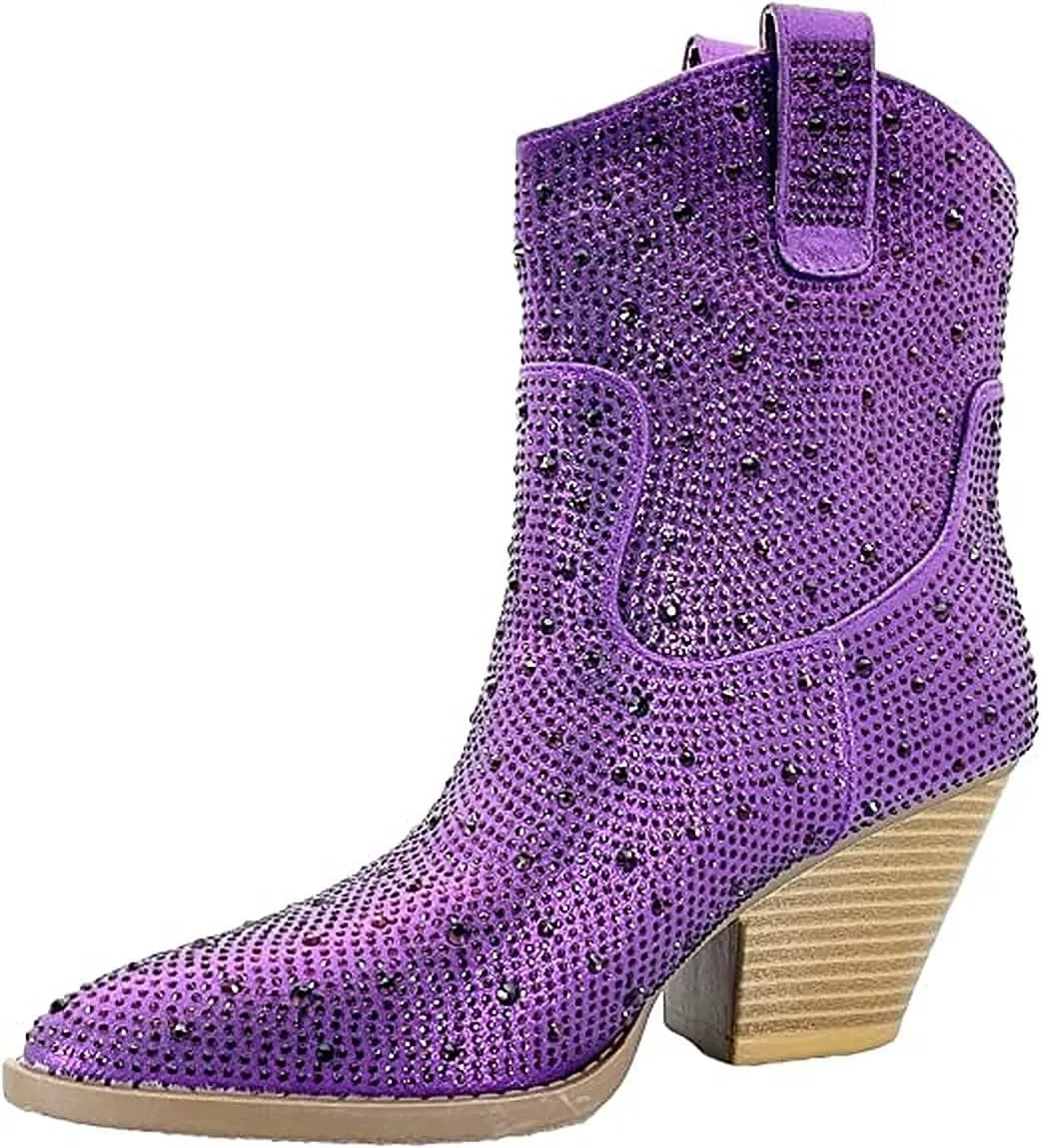 Women's Rhinestone Block Heel Mid Calf Short Ankle Booties Knee High Boots