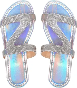 Women's Rhinestone Sparkly Holographic Sandals Casual Slippers