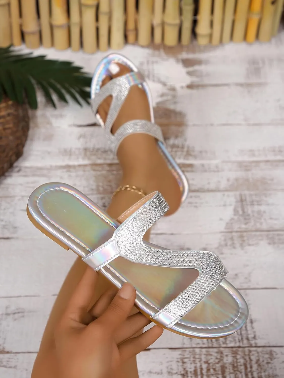 Women's Rhinestone Sparkly Holographic Sandals Casual Slippers