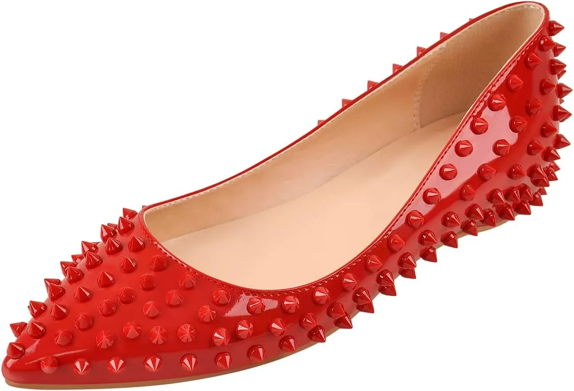 Women's Rivet Pointed Toe Slip on Flats Shoes,Fashion Studded Leather Comfortable Office