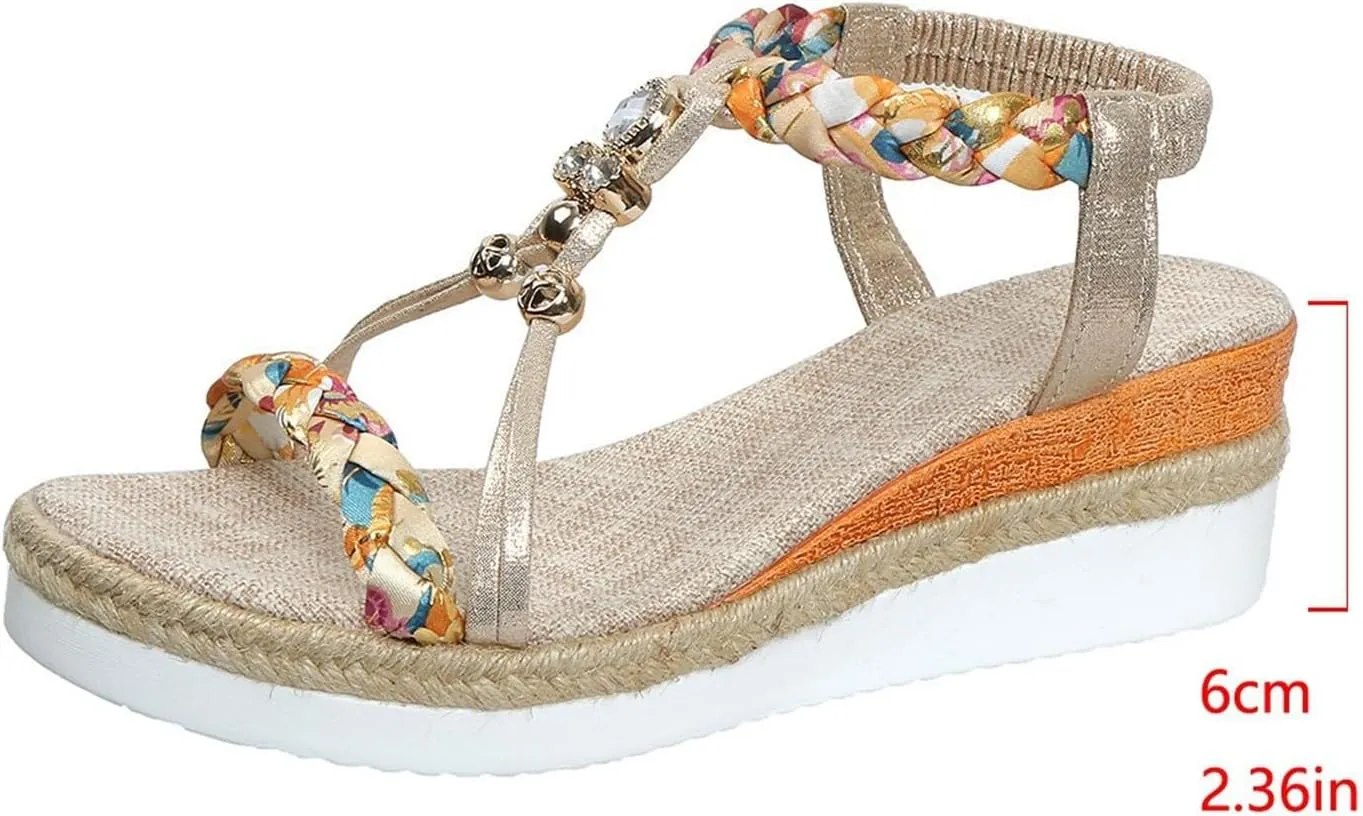 Women's Round Toe Flat Wedge Beaded Open Toe Bohemian Platform Sandals Women Beach Sandals Size 6