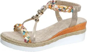 Women's Round Toe Flat Wedge Beaded Open Toe Bohemian Platform Sandals Women Beach Sandals Size 6