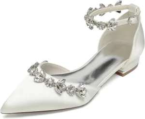 Women's Satin Pointed Toe Flats Comfortable Rhinestones Ankle Straps Wedding Flats for Bride Pump Shoes Evening Party Guest Shoes for Women