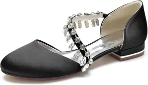Women's Satin Wedding Shoes Closed Toe Rhinestone Strap Flat Bridal Shoes Party Prom Dress Pumps Sandals