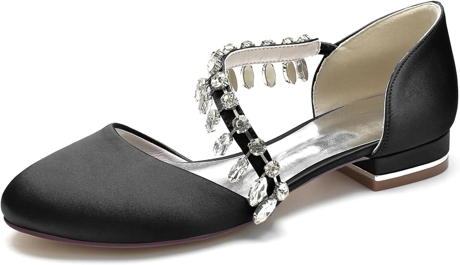 Women's Satin Wedding Shoes Closed Toe Rhinestone Strap Flat Bridal Shoes Party Prom Dress Pumps Sandals