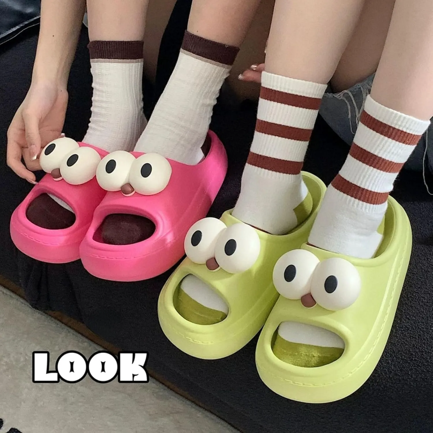Women’s Slides Cute Bathroom Slippers Non-Slip Couple Matching Sandals with Cartoon Eyes