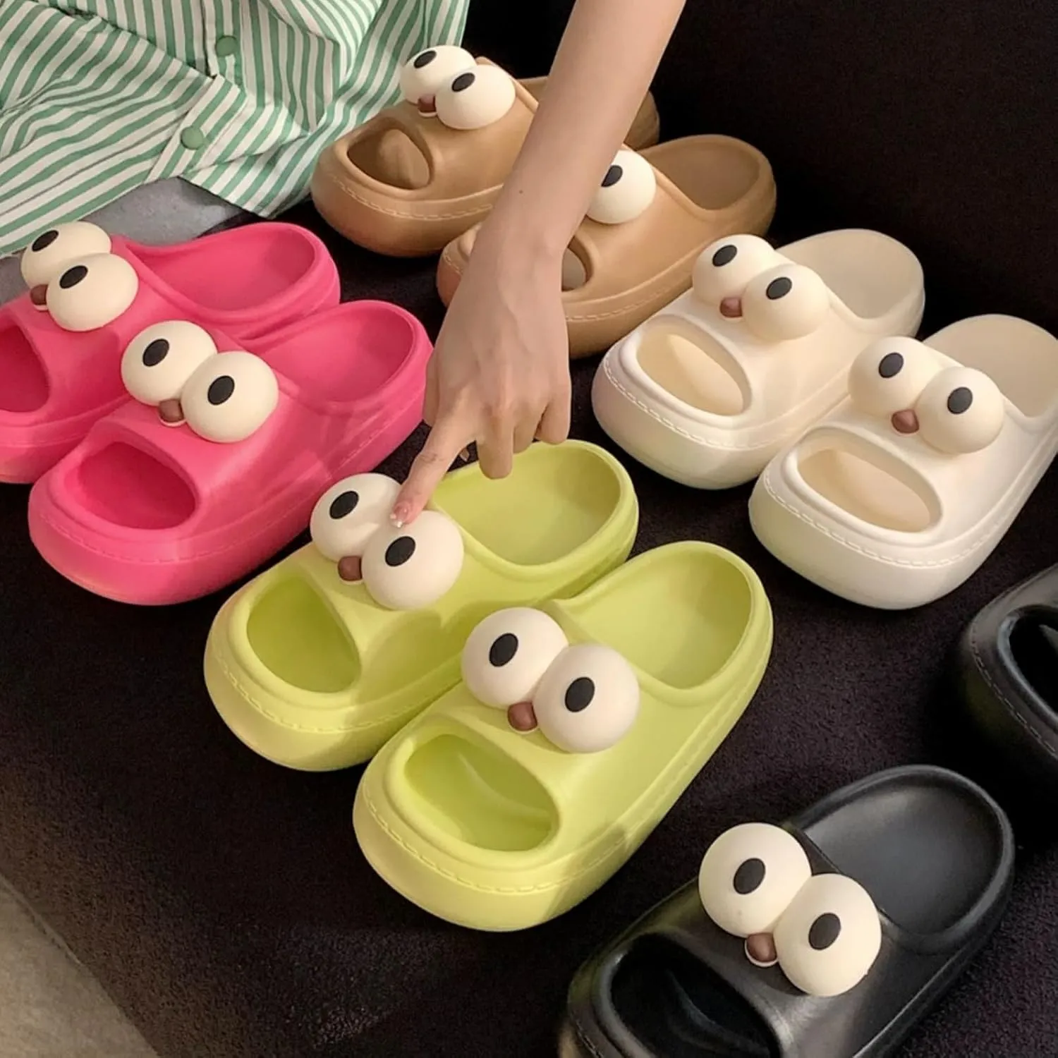 Women’s Slides Cute Bathroom Slippers Non-Slip Couple Matching Sandals with Cartoon Eyes
