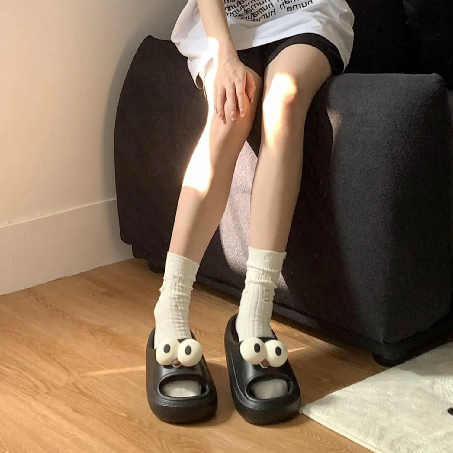 Women’s Slides Cute Bathroom Slippers Non-Slip Couple Matching Sandals with Cartoon Eyes