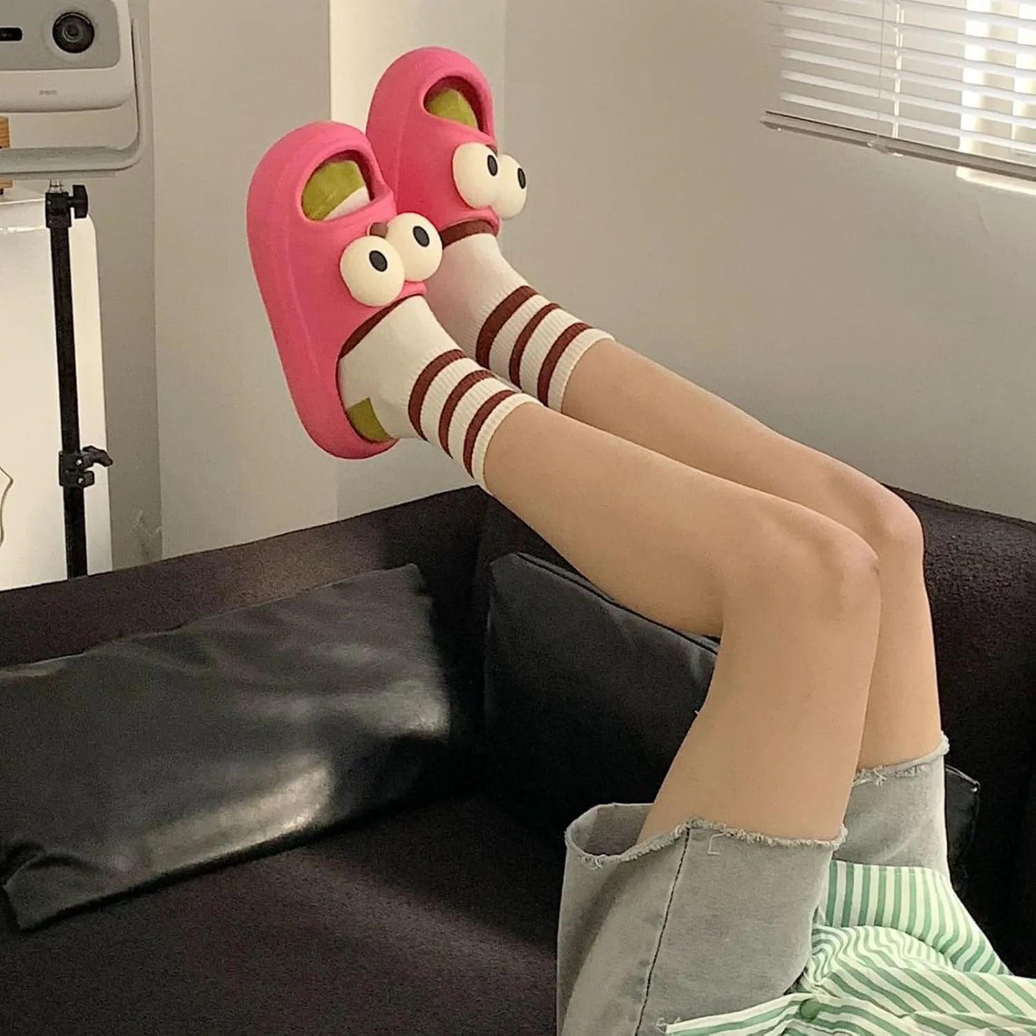 Women’s Slides Cute Bathroom Slippers Non-Slip Couple Matching Sandals with Cartoon Eyes