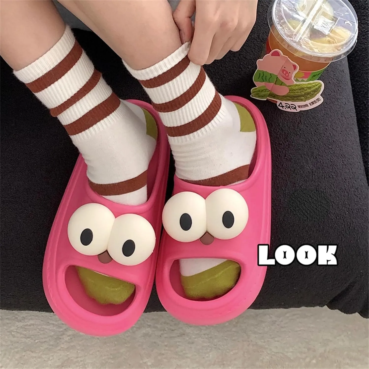 Women’s Slides Cute Bathroom Slippers Non-Slip Couple Matching Sandals with Cartoon Eyes
