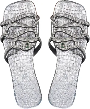Women's Snake Embossed Rhinestone Sparkly Flat Sandals Casual Open Toe Slippers