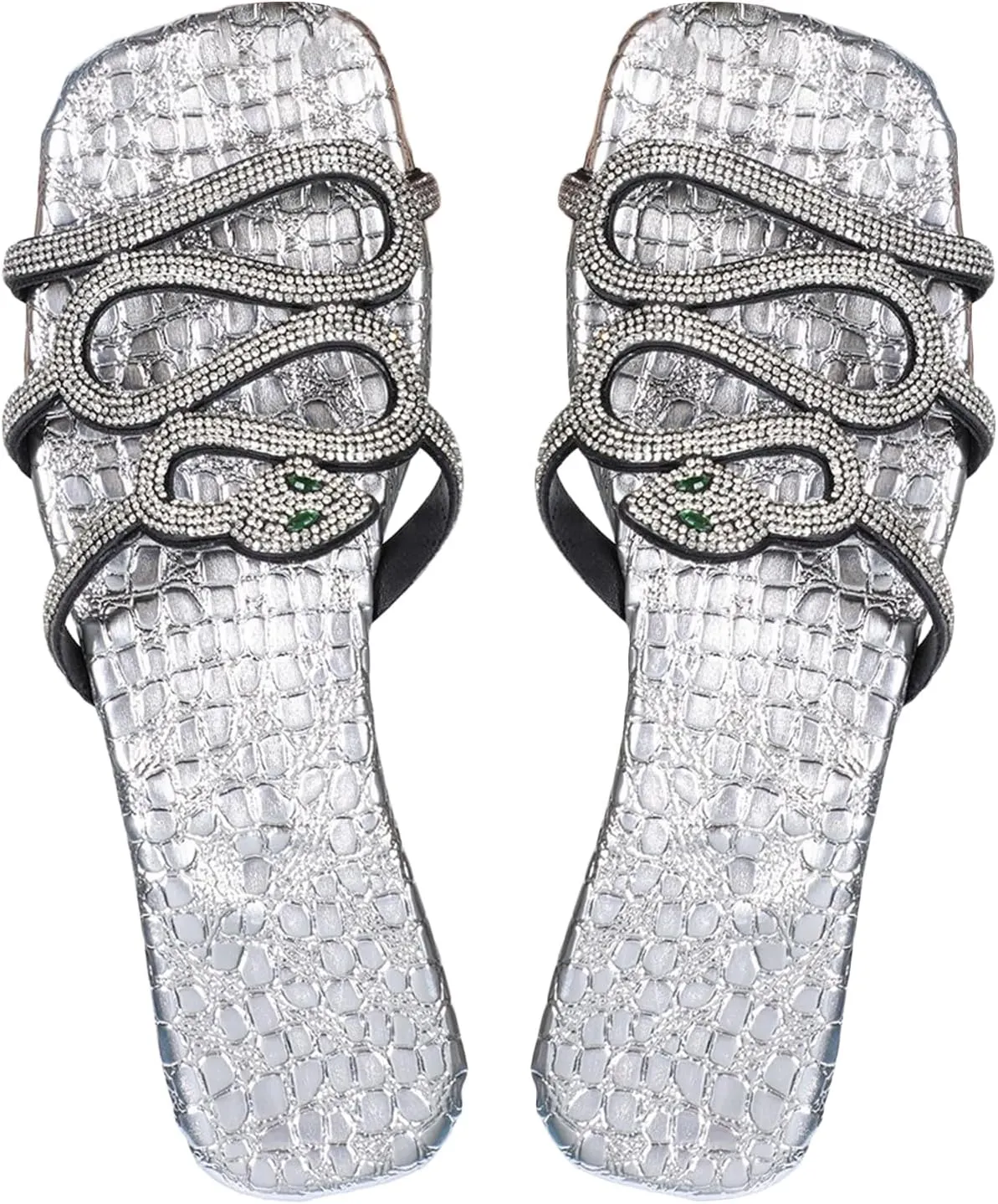 Women's Snake Embossed Rhinestone Sparkly Flat Sandals Casual Open Toe Slippers