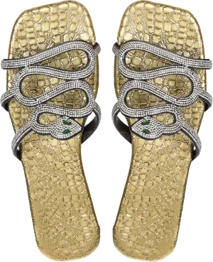 Women's Snake Embossed Rhinestone Sparkly Flat Sandals Casual Open Toe Slippers
