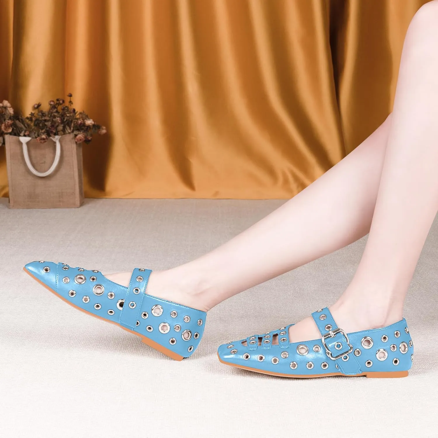 Women's Square Toe Ballet Flats Studded Metal Eyelet Perforated Hollow Out Buckle Mary Janes Shoes