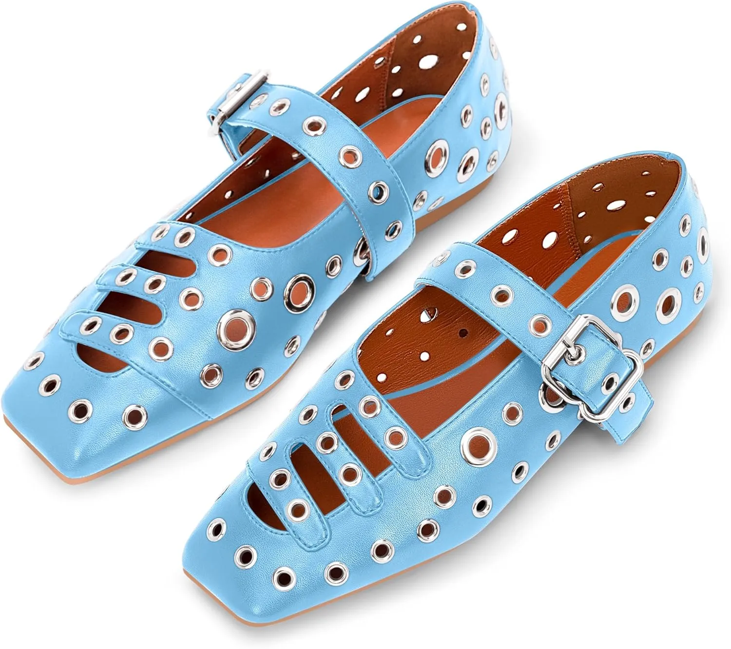 Women's Square Toe Ballet Flats Studded Metal Eyelet Perforated Hollow Out Buckle Mary Janes Shoes