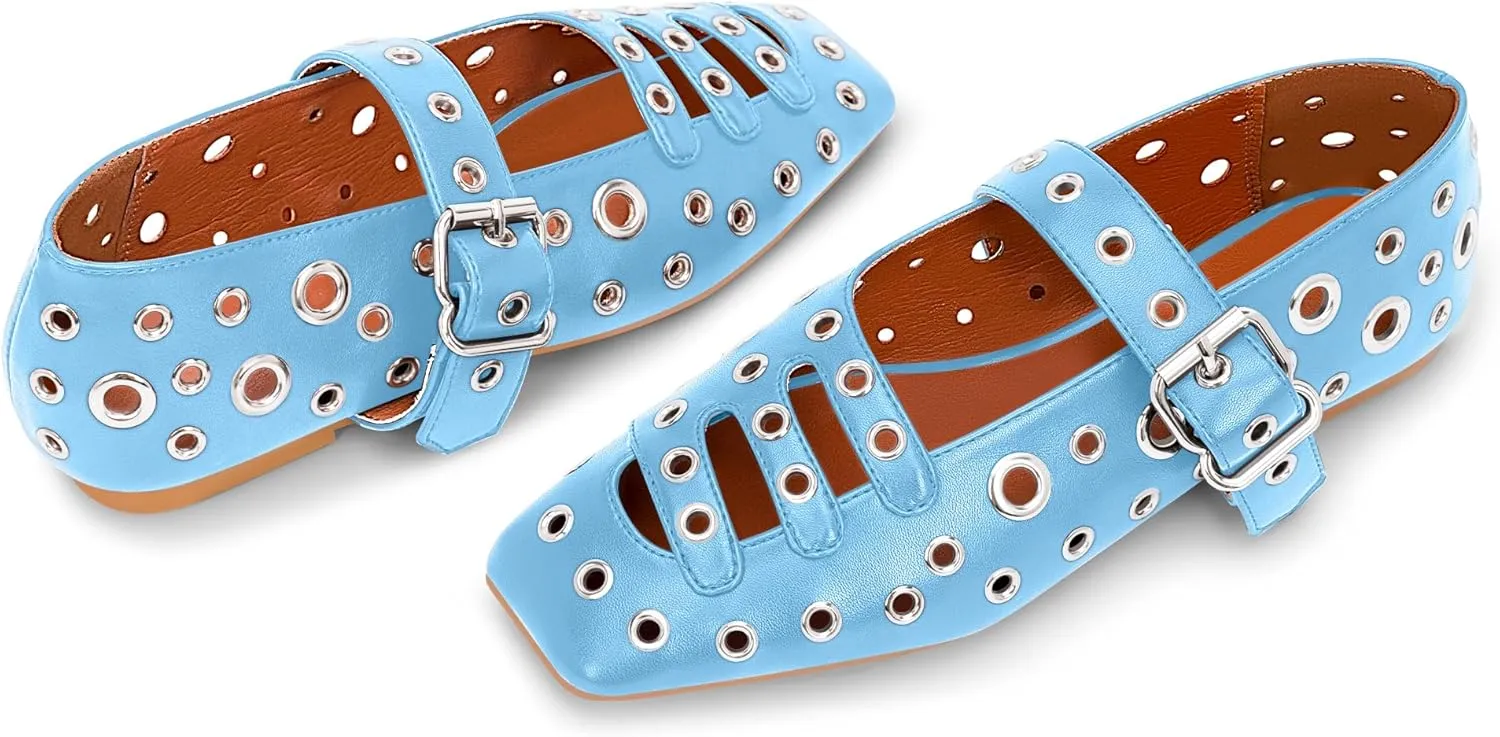 Women's Square Toe Ballet Flats Studded Metal Eyelet Perforated Hollow Out Buckle Mary Janes Shoes