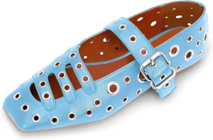 Women's Square Toe Ballet Flats Studded Metal Eyelet Perforated Hollow Out Buckle Mary Janes Shoes
