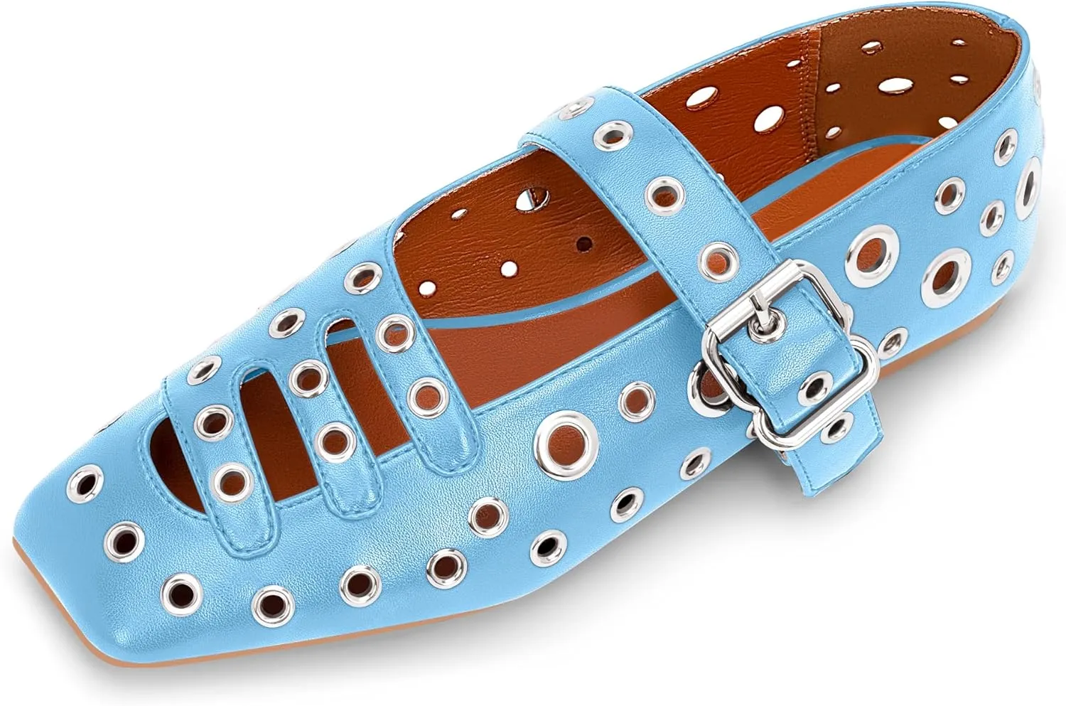 Women's Square Toe Ballet Flats Studded Metal Eyelet Perforated Hollow Out Buckle Mary Janes Shoes