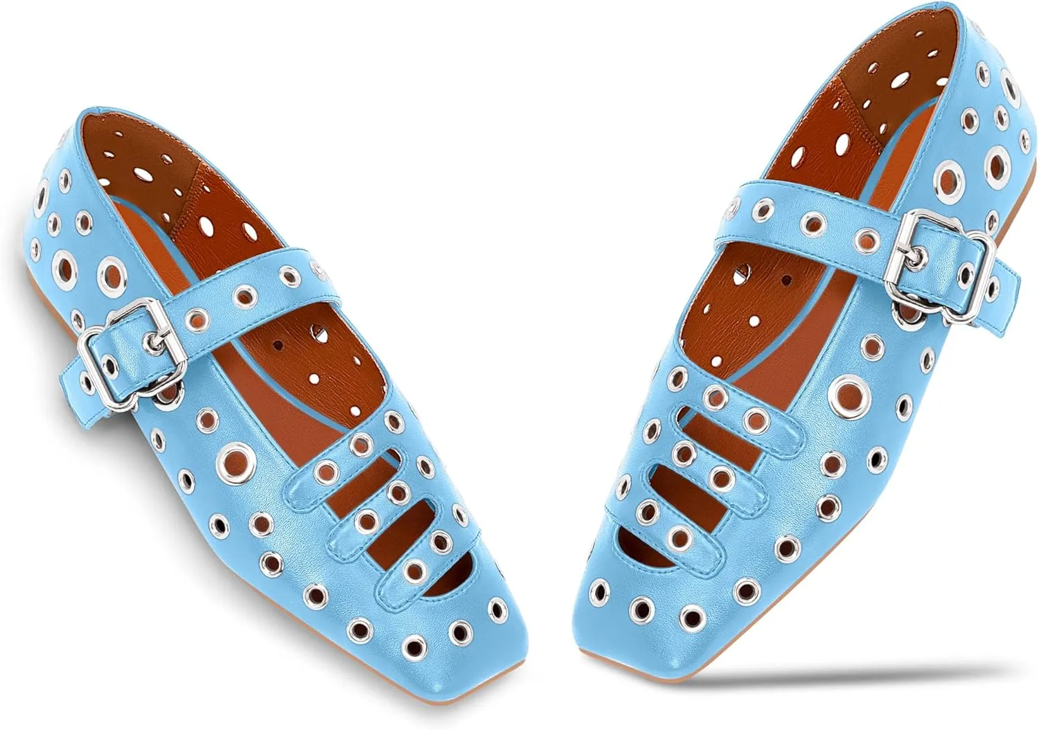 Women's Square Toe Ballet Flats Studded Metal Eyelet Perforated Hollow Out Buckle Mary Janes Shoes