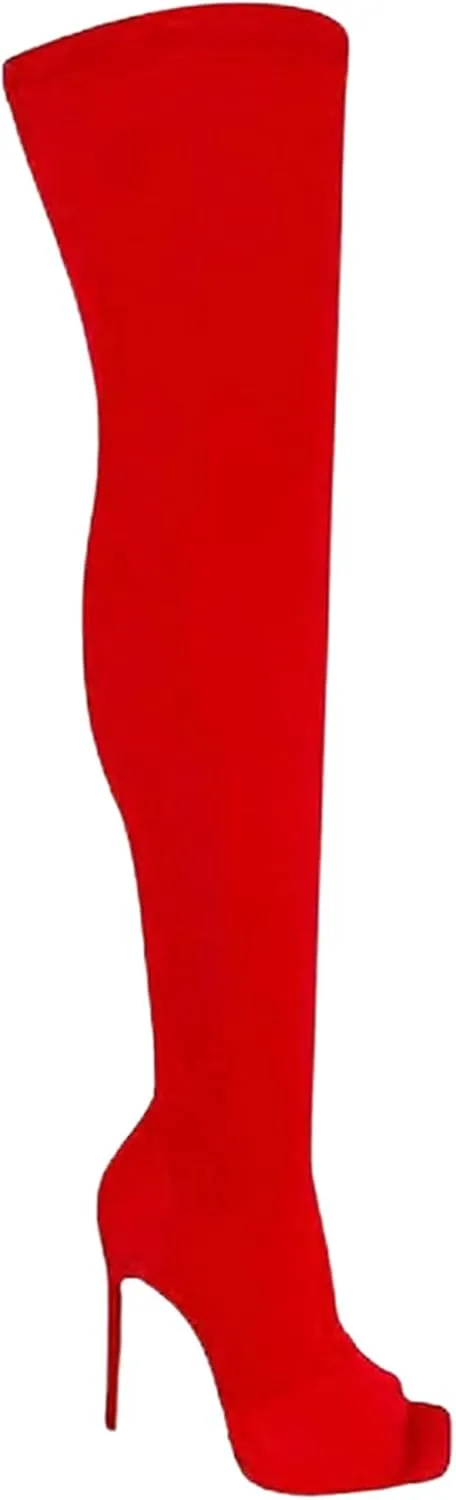 Women's Stiletto Heel Thigh High Boots Peep Toe Pull on Over The Knee Boots