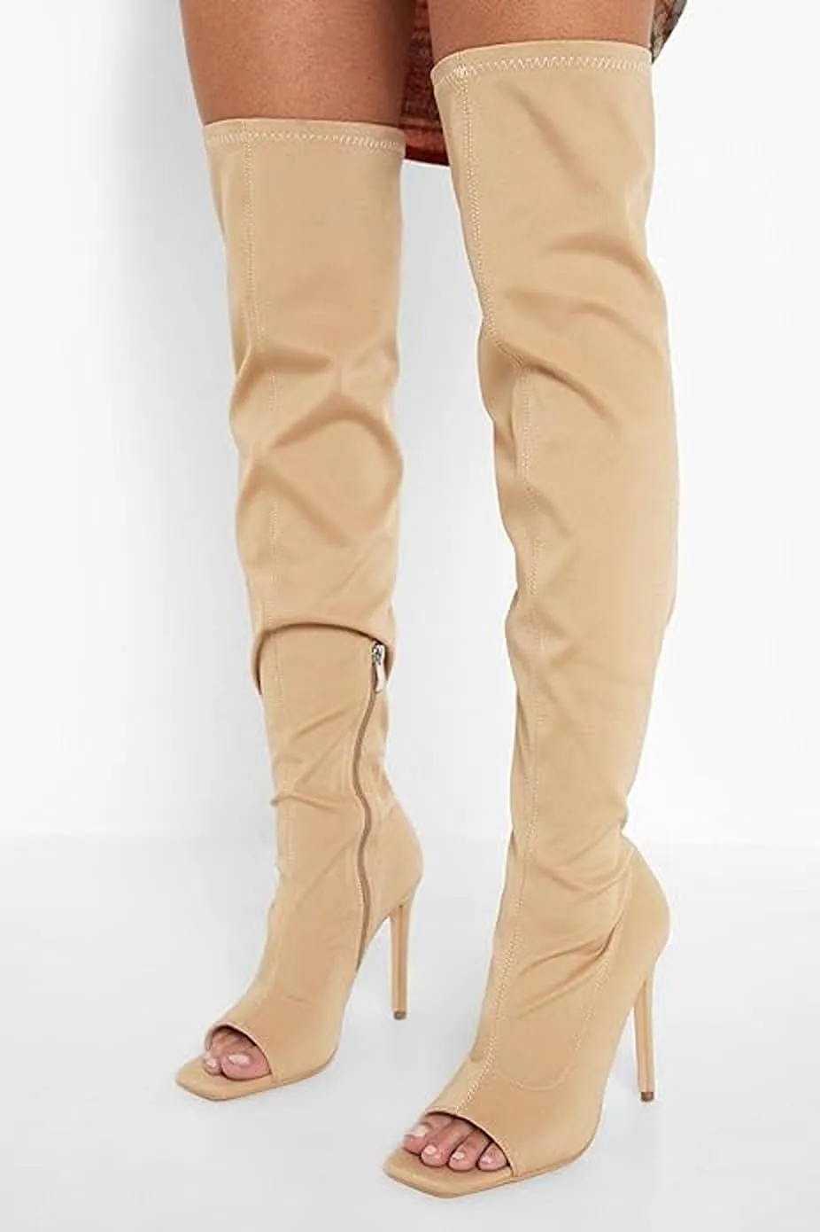 Women's Stiletto Heel Thigh High Boots Peep Toe Pull on Over The Knee Boots