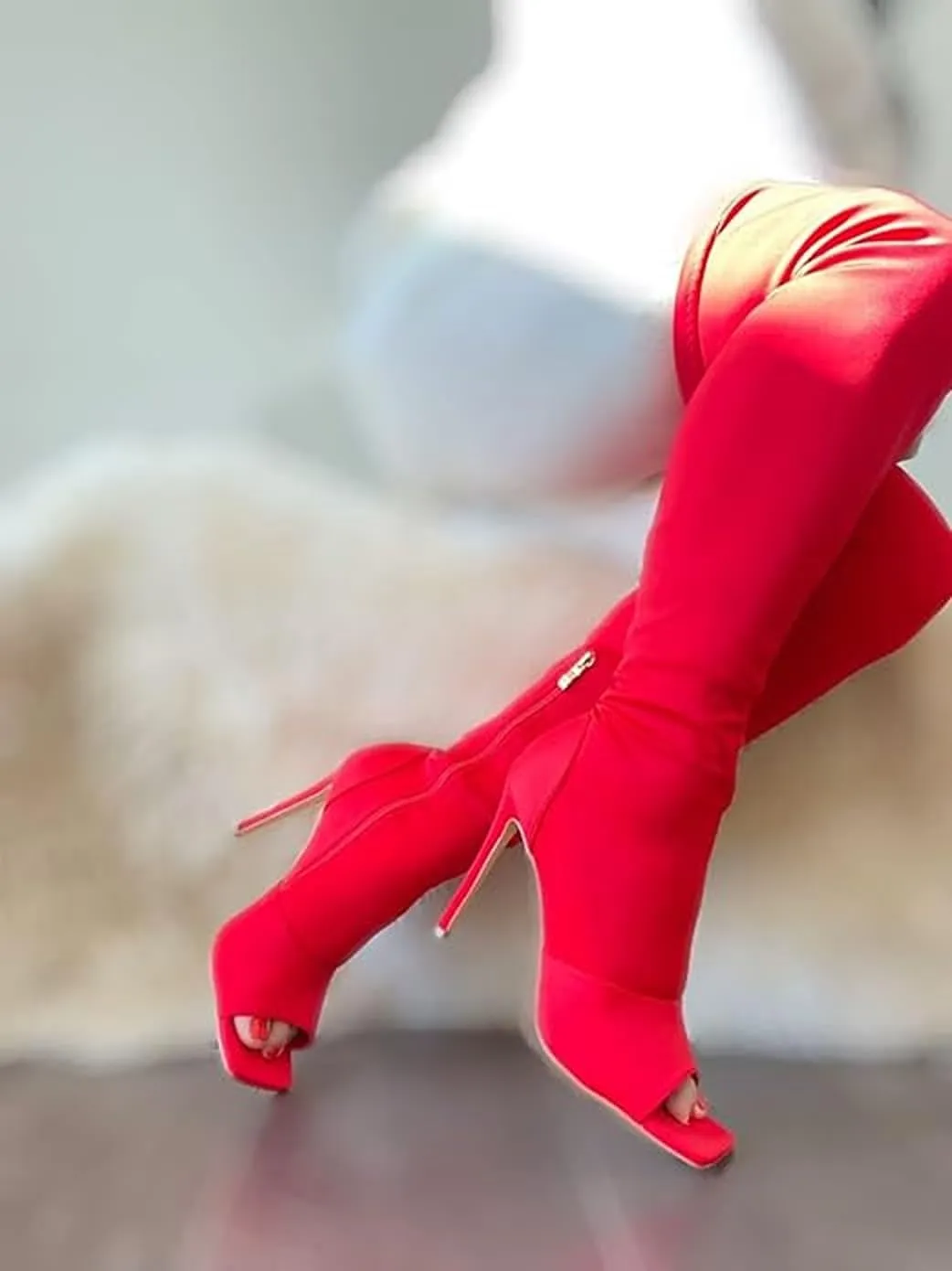 Women's Stiletto Heel Thigh High Boots Peep Toe Pull on Over The Knee Boots
