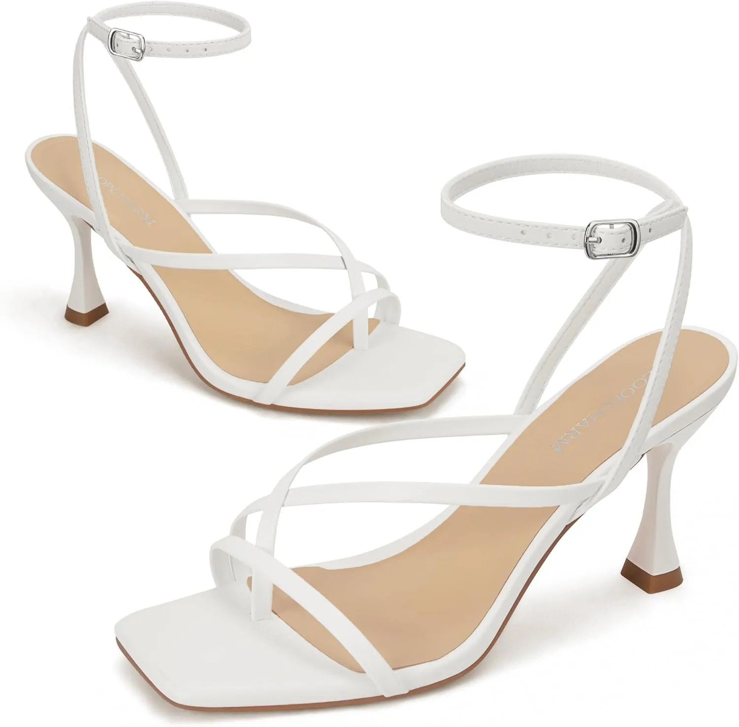 Women's Strappy High Heels Sandals Square Open Toe Ankle Strap Slingback Thong Stilettos Shoes for Wedding