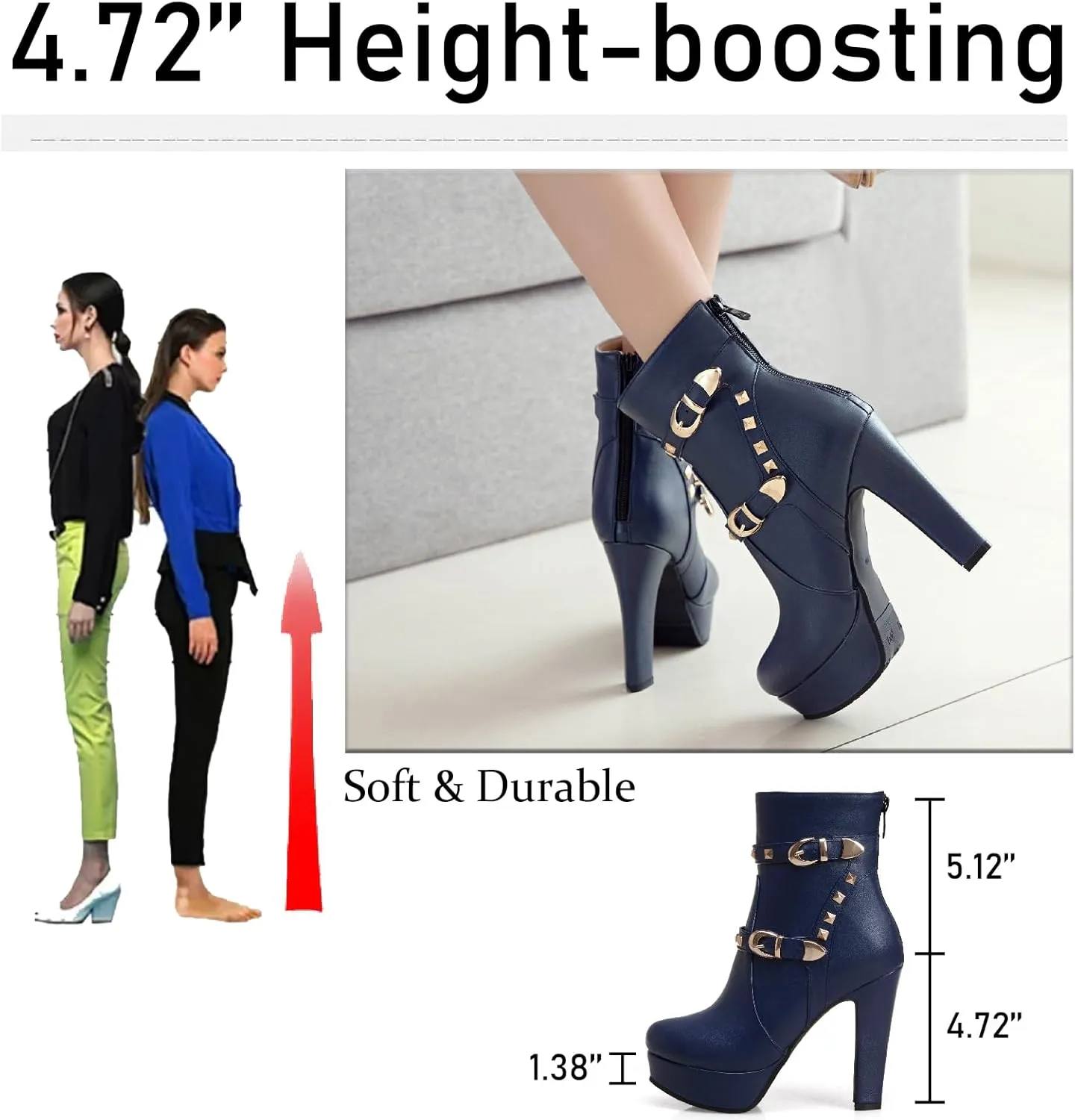 Women's Studded Leather Platform Stiletto Ankle Boots with Back Zipper Fashion Buckle Strap Comfortable Round Toe High Heel Booties for Evening Party Dress Boots