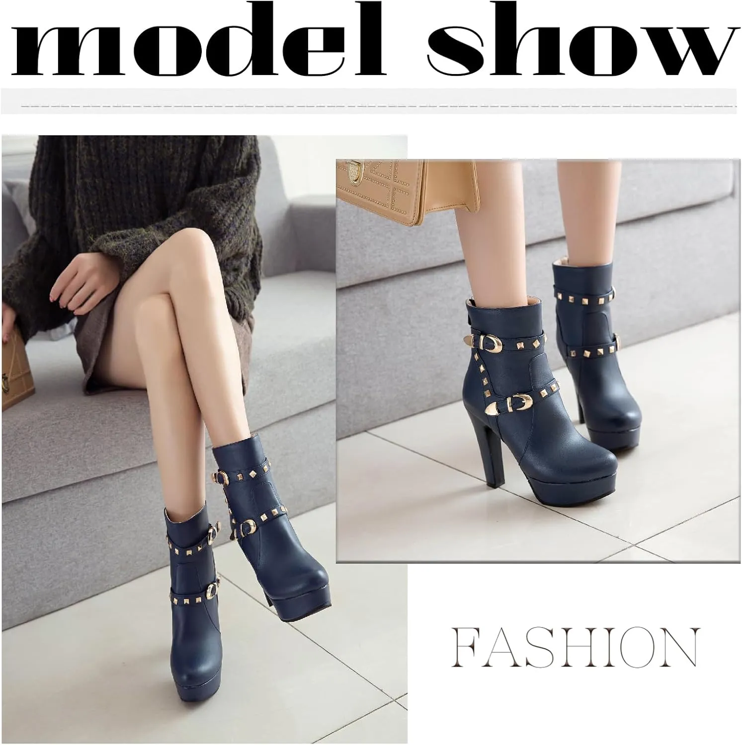 Women's Studded Leather Platform Stiletto Ankle Boots with Back Zipper Fashion Buckle Strap Comfortable Round Toe High Heel Booties for Evening Party Dress Boots