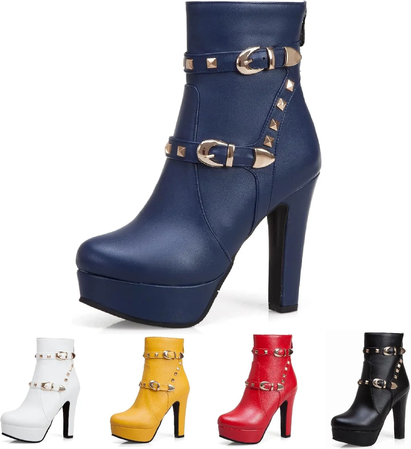 Women's Studded Leather Platform Stiletto Ankle Boots with Back Zipper Fashion Buckle Strap Comfortable Round Toe High Heel Booties for Evening Party Dress Boots