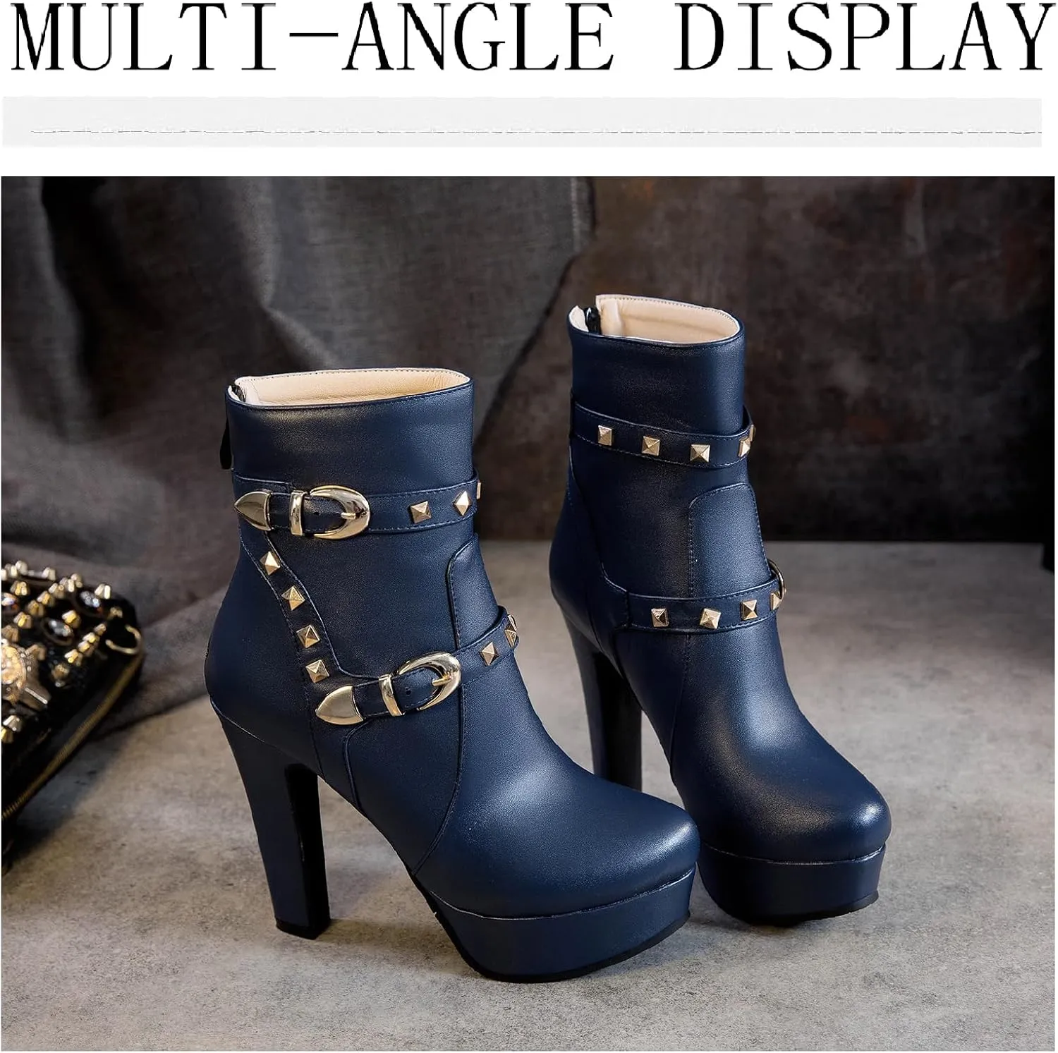 Women's Studded Leather Platform Stiletto Ankle Boots with Back Zipper Fashion Buckle Strap Comfortable Round Toe High Heel Booties for Evening Party Dress Boots