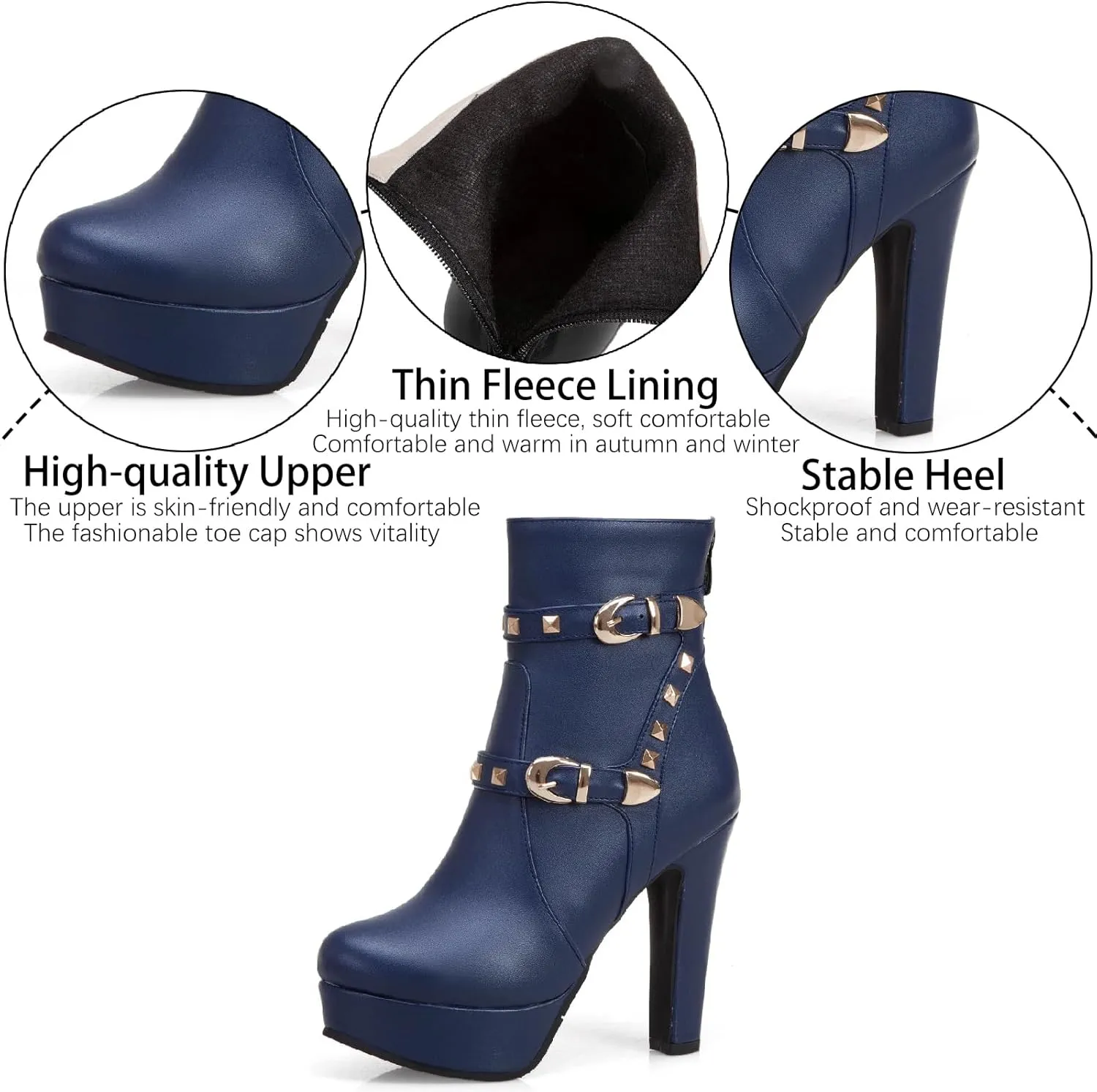 Women's Studded Leather Platform Stiletto Ankle Boots with Back Zipper Fashion Buckle Strap Comfortable Round Toe High Heel Booties for Evening Party Dress Boots