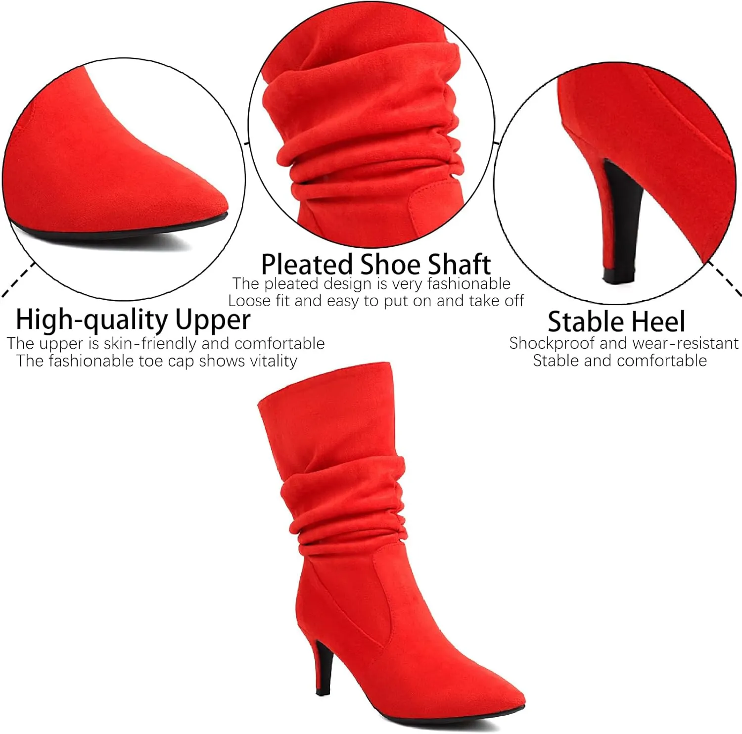 Women's Suede Slouchy Stiletto Mid Calf Boots Sexy Pointed Toe Comfortable Pull On High Heel Folds Bootie Fall Winter Daily Casual Dress Boots