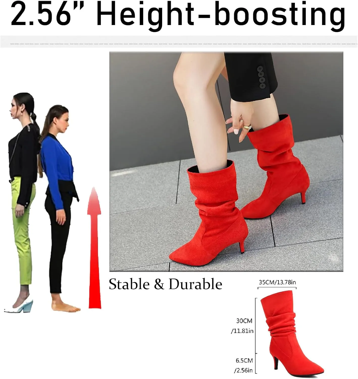 Women's Suede Slouchy Stiletto Mid Calf Boots Sexy Pointed Toe Comfortable Pull On High Heel Folds Bootie Fall Winter Daily Casual Dress Boots