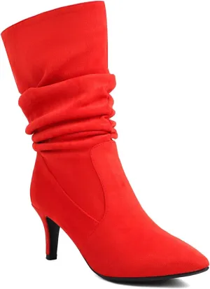 Women's Suede Slouchy Stiletto Mid Calf Boots Sexy Pointed Toe Comfortable Pull On High Heel Folds Bootie Fall Winter Daily Casual Dress Boots