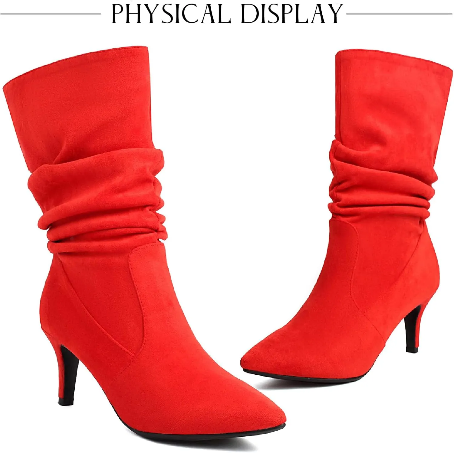 Women's Suede Slouchy Stiletto Mid Calf Boots Sexy Pointed Toe Comfortable Pull On High Heel Folds Bootie Fall Winter Daily Casual Dress Boots