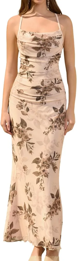 Women's Summer Floral Spaghetti Strap Maxi Dress Sleeveless Ruched Mesh Bodycon Long Wedding Guest Dresses