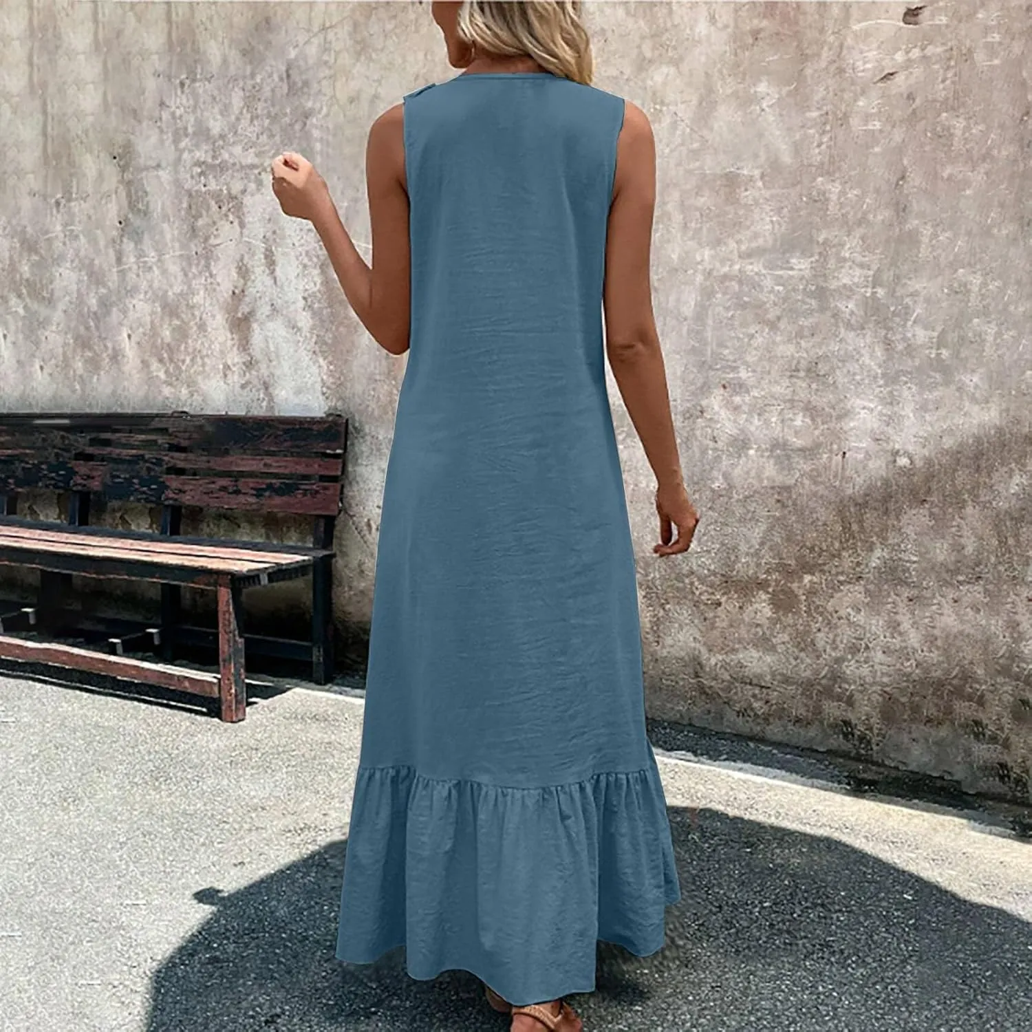 Women's Summer Sleeveless V-Neck Maxi Dress A-Line Flowy Beach with Ruffle Trim Wrap Style Long Dress